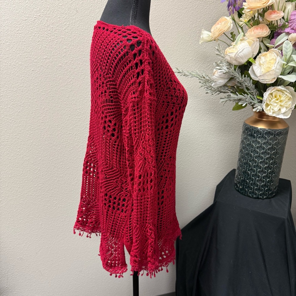 Hannah Red Crochet Knit Boho Sheer Long Sleeve Tunic Top Cover Up Size L - Picture 4 of 7